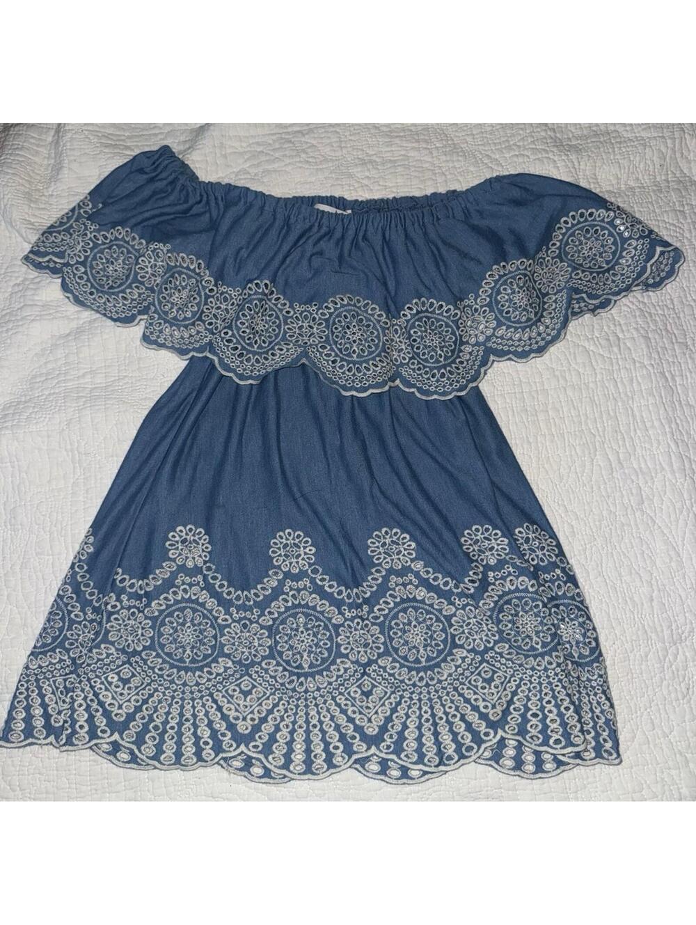 Fever Boho Blue Peasant Top White Eyelet Trim Ruffled Off The Shoulder Sz: SM